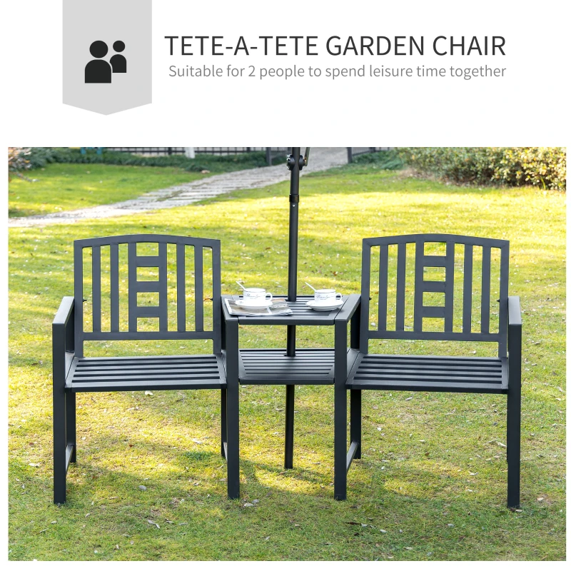 Outsunny Metal Garden Bench with Middle Table and Umbrella Hole, 2-in-1 Double Patio Chairs, Outdoor 2-person Tete-a-Tete, Slatted, Black(m-4)