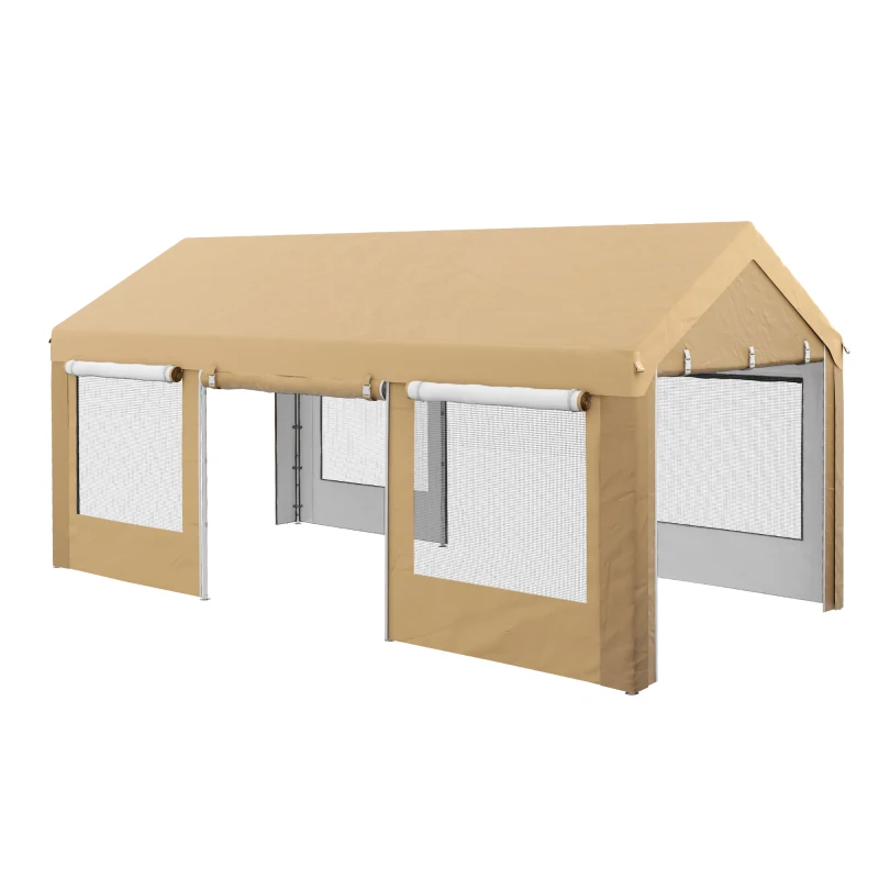 Outsunny 10' x 20' Carport, Heavy Duty Portable Garage, Height Adjustable, with 4 Mesh Windows and 4 Doors, Beige