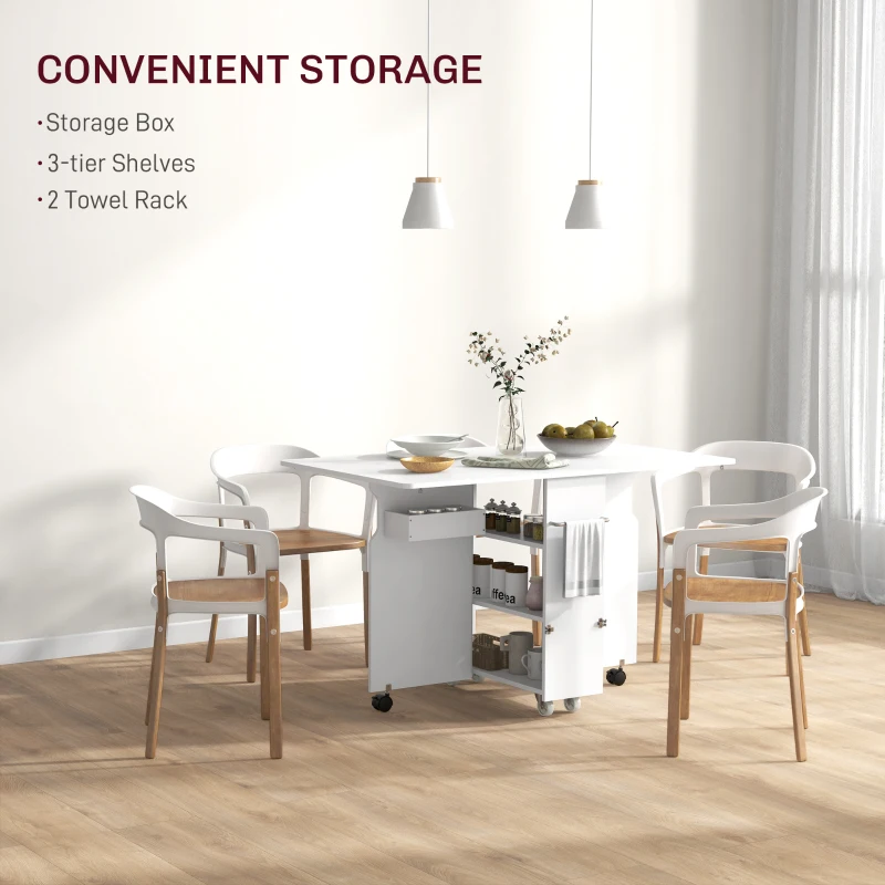 HOMCOM Folding Dining Table with Storage, Drop Leaf Kitchen Table on Wheels with Box, Shelves and Towel Racks, White