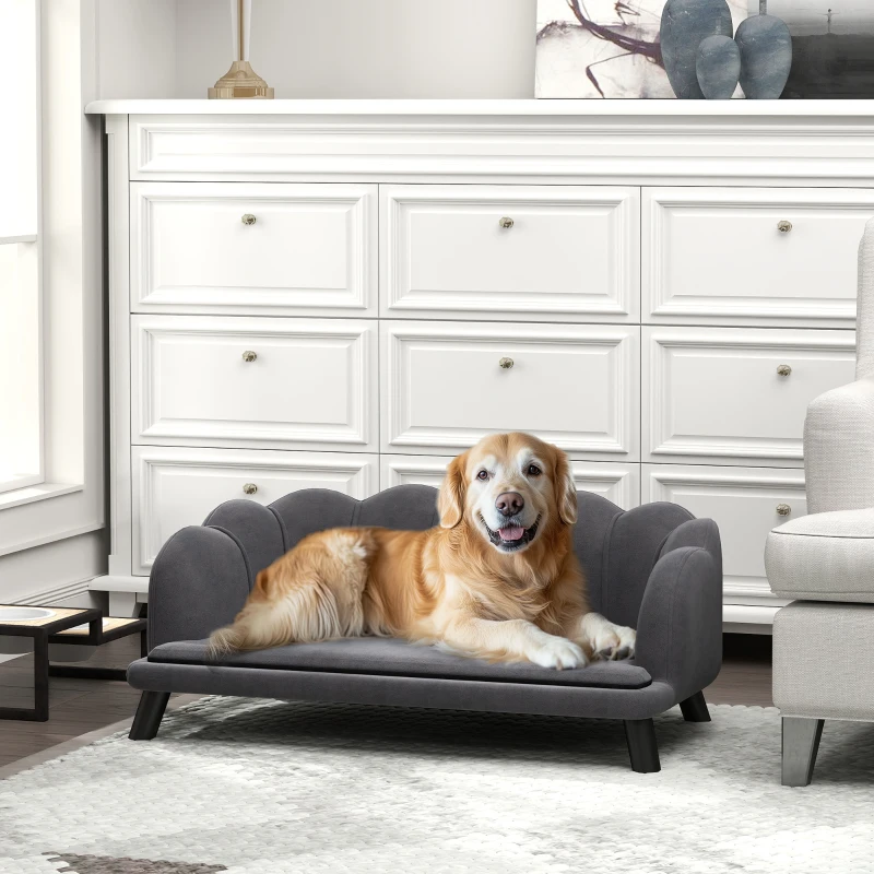 PawHut Pearl Design Pet Sofa for Medium and Large Sized Dogs, Pet Bed with Cushion and Solid Wood Legs, Charcoal Gray