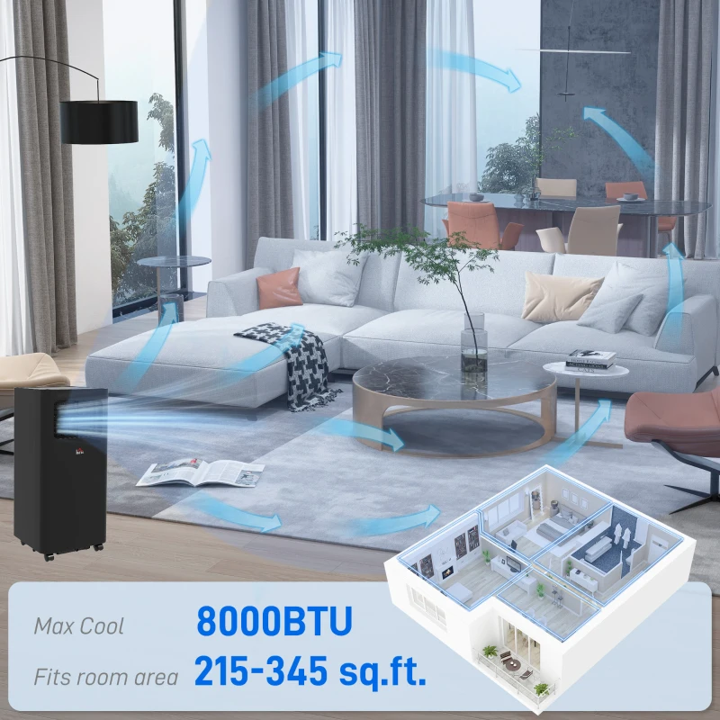 HOMCOM 8000 BTU Mobile Air Conditioner, 345 Sq. Ft., AC Unit with Dehumidifier, Sleep, 24H Timer On/Off, Window Kit, Black