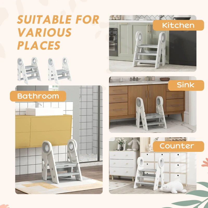 Qaba Foldable & Adjustable Kitchen Stool Helper with Handles, Non-Slip, for Bathroom, Sink, Kitchen, Gray