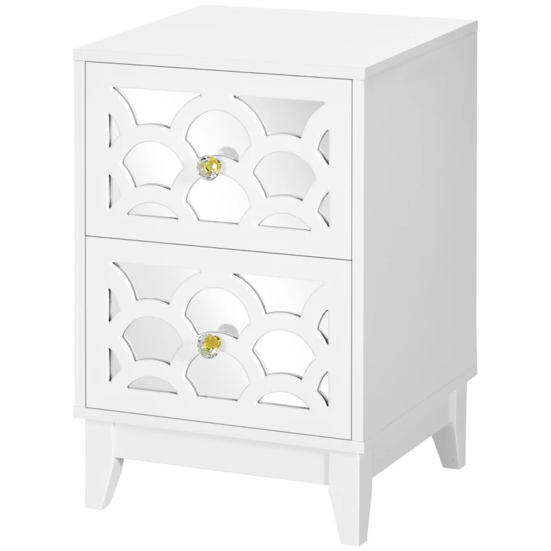 HOMCOM Modern Bedside Table, Side End Table with Drawers and Front Mirror, 15.4"x14.4"x23.6", White