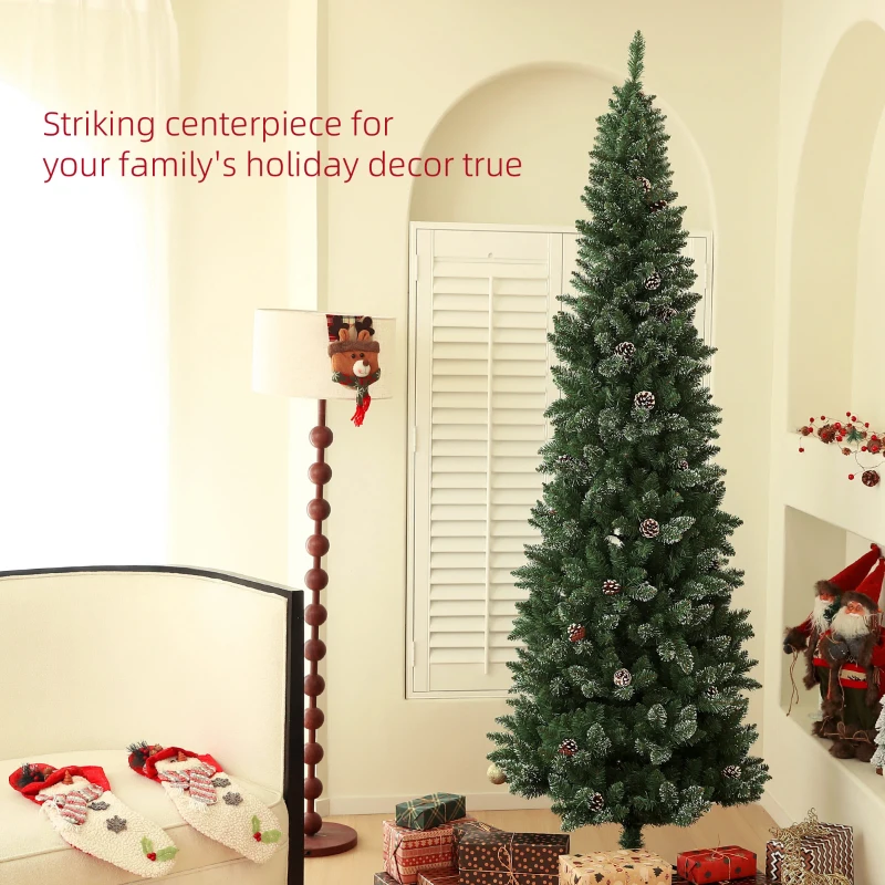 HOMCOM 7.5ft Artificial Pencil Christmas Tree with 980 Branches, Pinecones, Metal Stand, Realistic Xmas Tree for Home