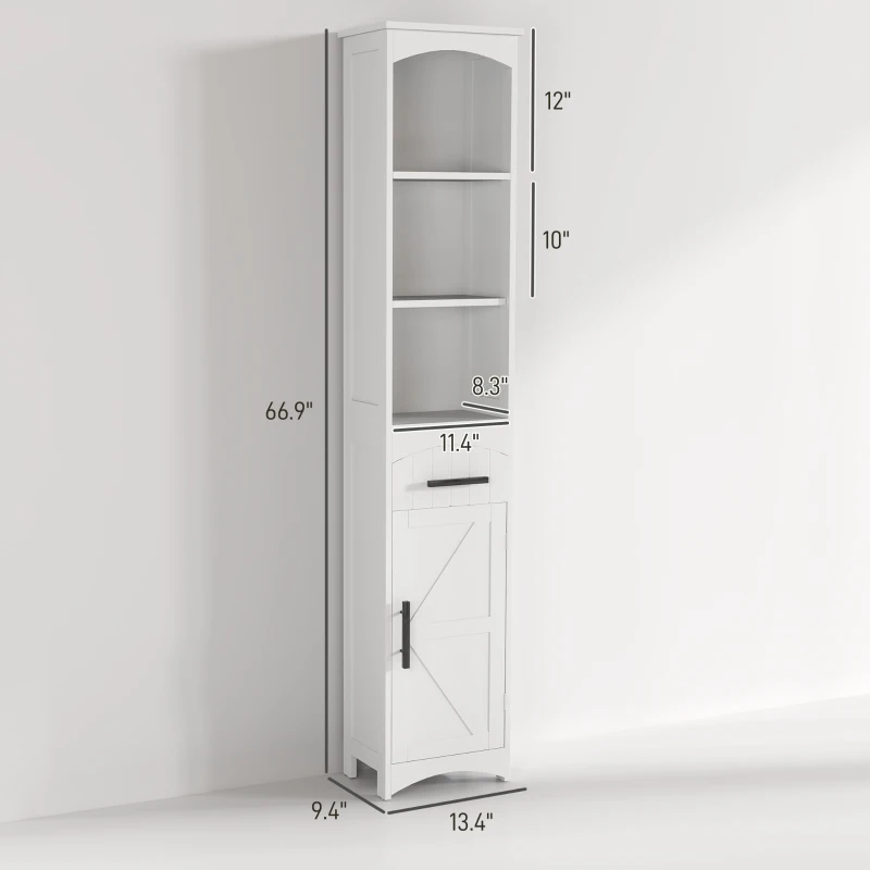 HOMCOM Farmhouse Tall Slim Bathroom Storage Cabinet with Recessed Drawer, Narrow Cabinet with Barn Door, White