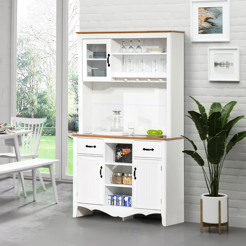 HOMCOM Farmhouse 71" Kitchen Buffet with Hutch, Storage Cabinet with Drawers and Shelves, White