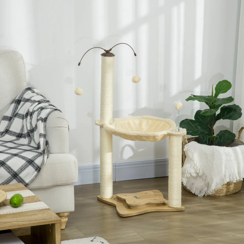 PawHut Small Cat Tree Hammock with Scratching Posts, Elevated Cat Bed with Ball Toys, Cat Hammock Stand for Indoor Cats