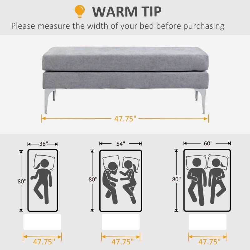 HOMCOM 48 Inches Upholstered Bedroom Bench, Modern End of Bed Bench with Double Layer Seat Cushions and Steel Legs, Light Gray
