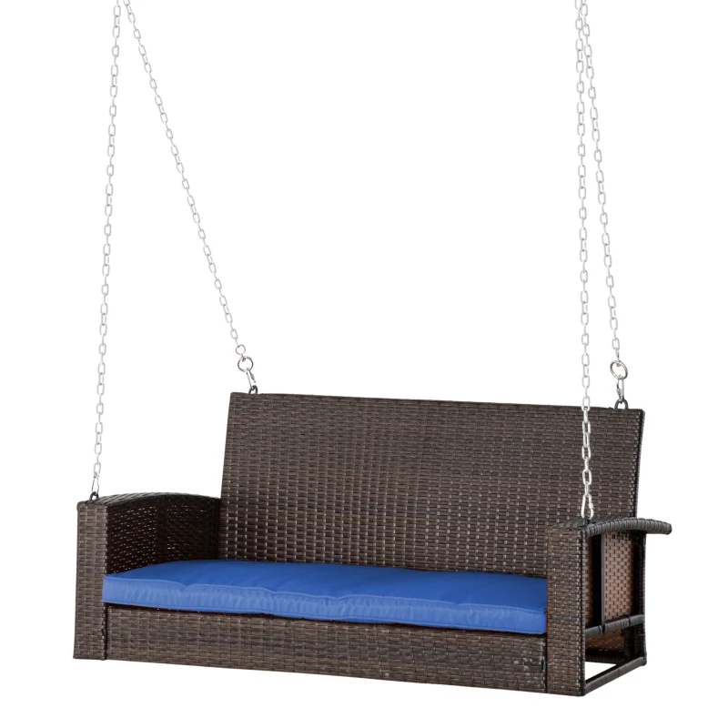Outsunny 2-Person Patio Porch Swing Chair, Outdoor Rattan Hanging Bench with Cushion & 7.2 ft Steel Chains, Dark Blue