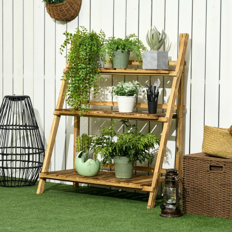 Outsunny 3-Tier Folding Plant Stand, 32'' x 15'' Wooden Indoor Plant Shelf Display Stand, for Corner Balcony Garden Patio