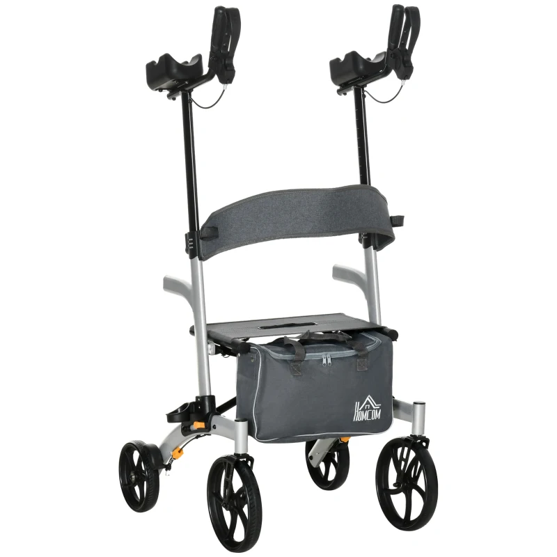 HOMCOM Aluminum Upright Walker with 10'' Wheels, Seat and Backrest, Folding Rollator Walker with Storage Bag, Silver