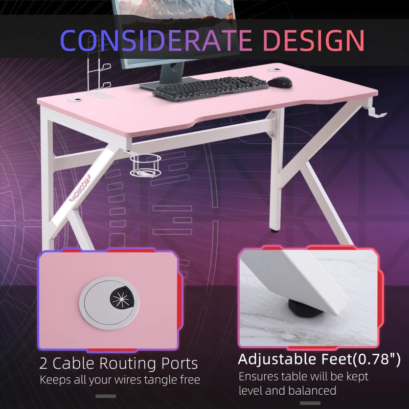 HOMCOM 47 inch Gaming Desk, Racing Style Computer Table, Home Office Workstation with Rotatable Cup Holder, Headphone Hook, Gamepad Stand, Wire Port, Pink