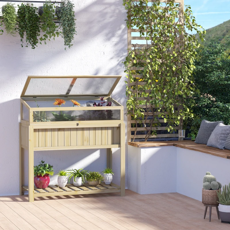 Outsunny Raised Garden Bed, Outdoor Wooden & PVC Elevated Planter Box with Cold Frame Greenhouse and Storage Shelf, Natural