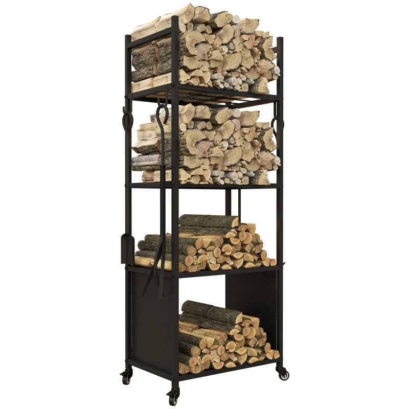 Outsunny 4-Tier Outdoor Indoor Firewood Rack with Wheels and 4 Tools, Powder-Coated Steel Wood Storage Rack Log Holder