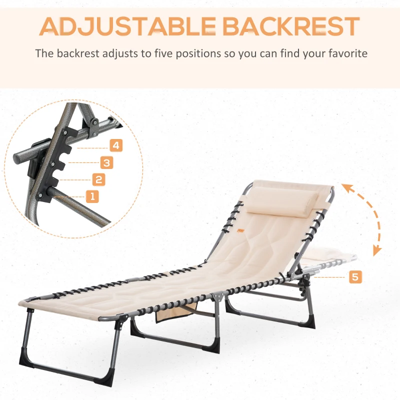 Outsunny Padded Folding Chaise Lounge Chair, Outdoor 6-Level Reclining Camping Tanning Chair with Headrest for Beach, Yard, Patio, Pool, Beige
