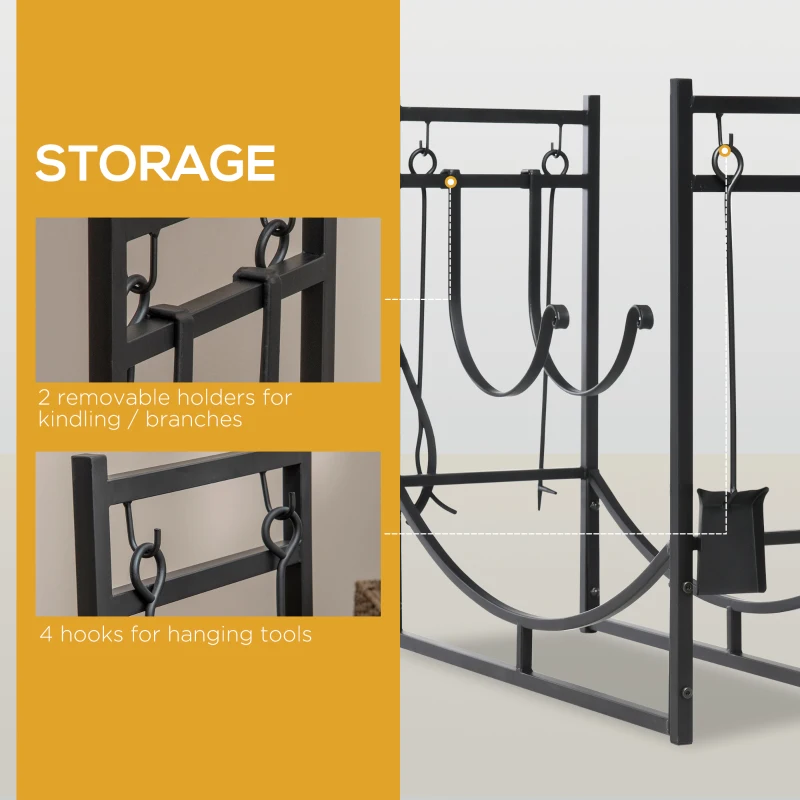 Outsunny 33" Firewood Rack Outdoor Indoor with 4-Piece Fireplace Tools, Firewood Holder with 2 Tiers, Curved Bottom Log Holder for Fireplace, Wood Stove, Hearth, Fire Pit, Black