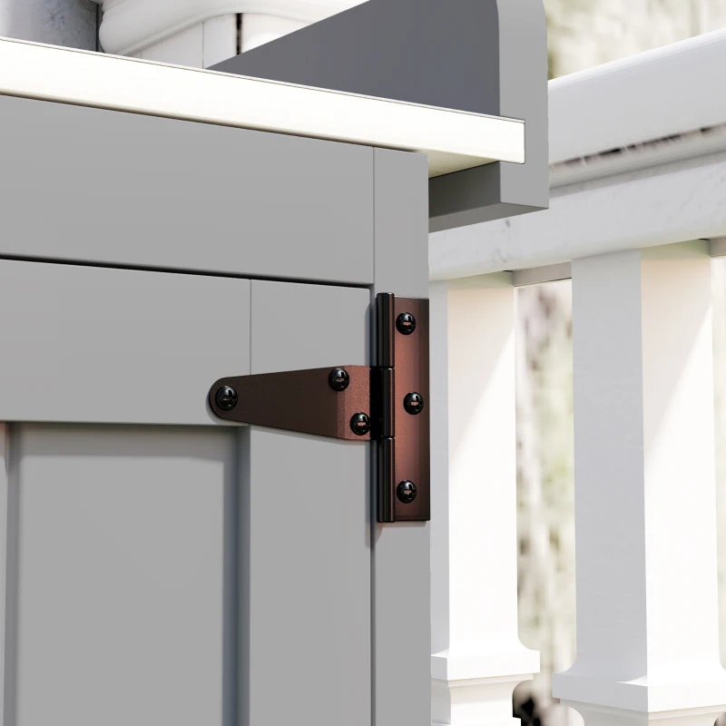 Outsunny Outdoor Storage Cabinet, Garden Tool Shed with Metal Tabletop and Shelf, Wooden Potting Bench with 2 Doors, Gray