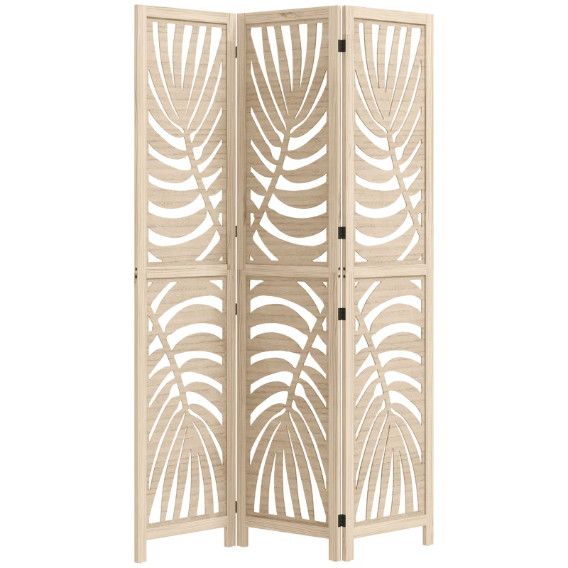 HOMCOM 3 Panel Room Divider, Detachable Folding Privacy Screens with Palm Leaf Design for Home Office, Natural Wood Finish