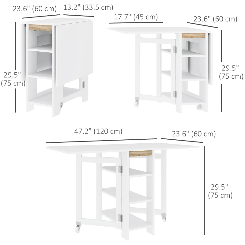 HOMCOM Folding Dining Table with Storage, Drop Leaf Kitchen Table for Small Spaces, White