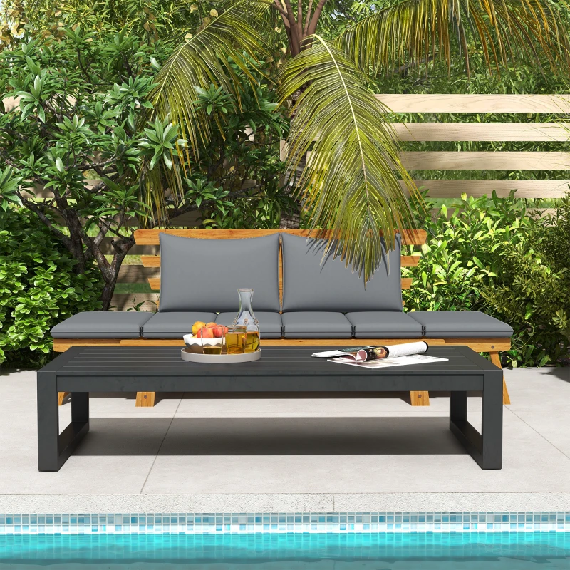 Outsunny Wooden Garden Bench for Outdoor, Front Porch Bench, Patio Loveseat with Cushions, Adjustable Armrests, Gray