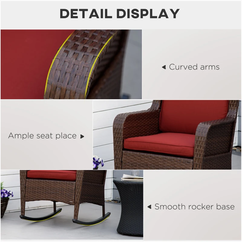 Outsunny Outdoor Wicker Rocking Chair, Rattan Rocker with Cushions, Steel Frame for Patio, Garden, Backyard, Wine Red
