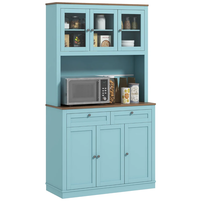 HOMCOM 71" Pantry Cabinet with Microwave Space, Buffet with Hutch, 2 Drawers, Adjustable Shelves and Glass Doors, Blue