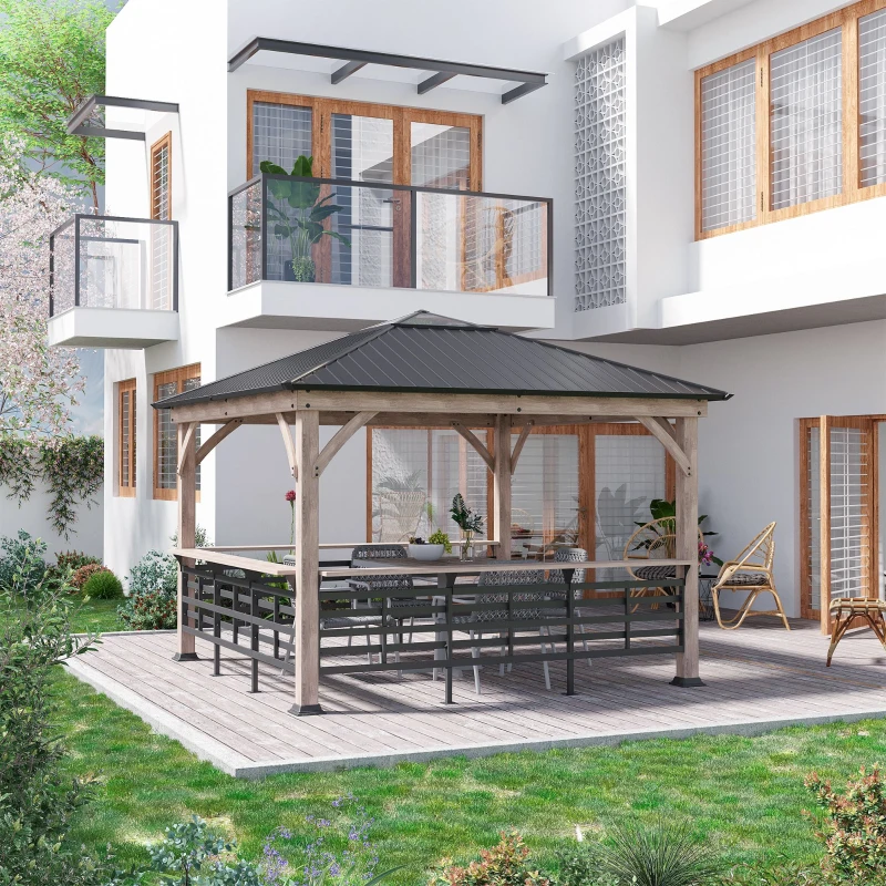 Outsunny 11' x 11' Hardtop Gazebo with Metal & Acrylic Combined Roof, Wood Frame, Permanent Pavilion Grill Gazebo with Bar Counters, Ceiling Hook, for Patio, Garden, Backyard, Deck, Lawn