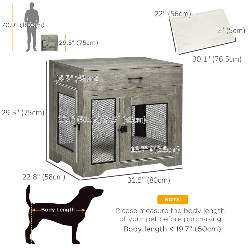 PawHut Dog Crate Furniture with Cushion, 2 Doors, Storage, Dog Kennel End Table for Small Medium Dogs, Grey