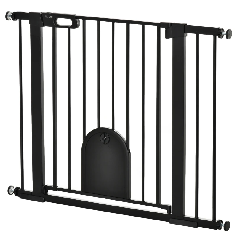 PawHut 30"-41" Extra Wide Pet Gate Barrier with Small Door, 30"H Dog Gate with Safety Gate Barrier, Stair Pressure Fit, Black