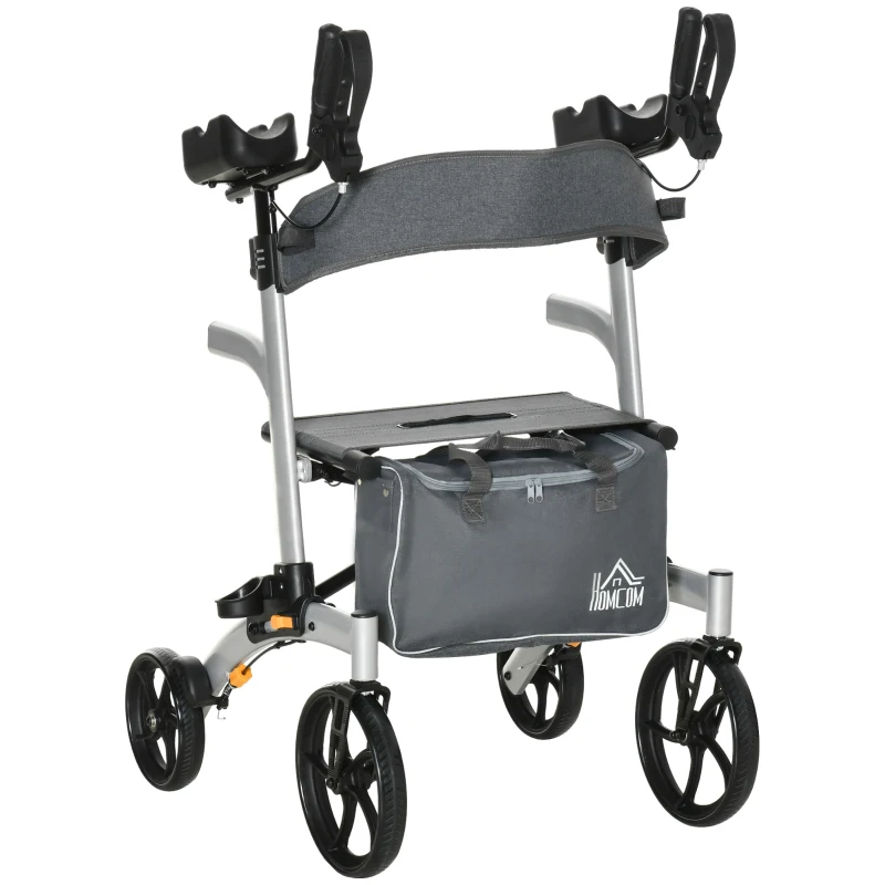 HOMCOM Aluminum Rollator Walker for Seniors and Adults with 10'' Wheels, Adjustable Handle and Removable Storage Bag, Silver