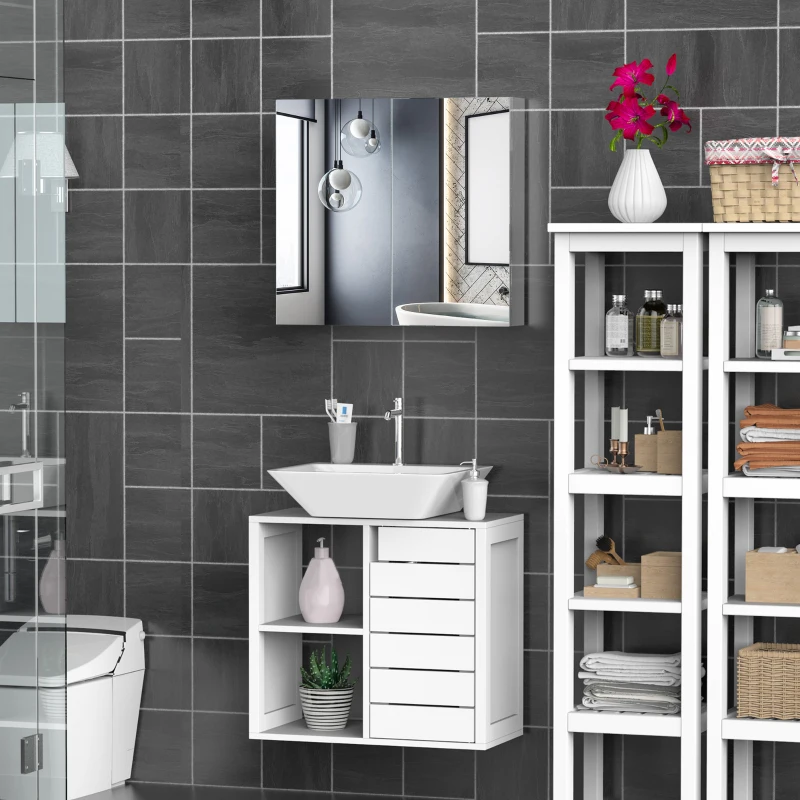 HOMCOM Wall Mounted Mirror Cabinet, Bathroom Medicine Cabinet with Mirror, 2 Doors and 3-tier Shelving, Silver