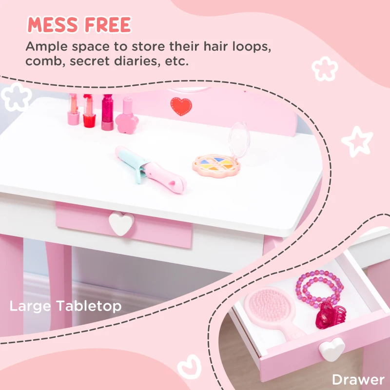 Qaba Kids Vanity Table & Chair Set Girls Dressing Set with Mirror Drawer Cute Patterns for 3-6 Years Old, Pink