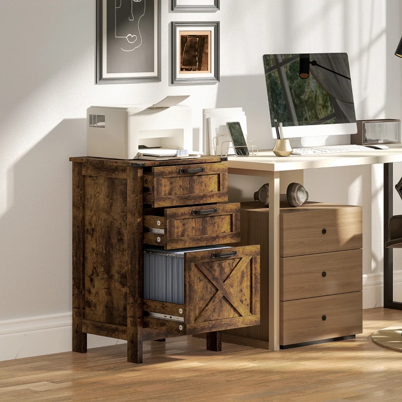 HOMCOM Vertical File Cabinet with 3 Drawers, Rustic Farmhouse Office Storage Cabinet for A4, Letter Size, Rustic Brown