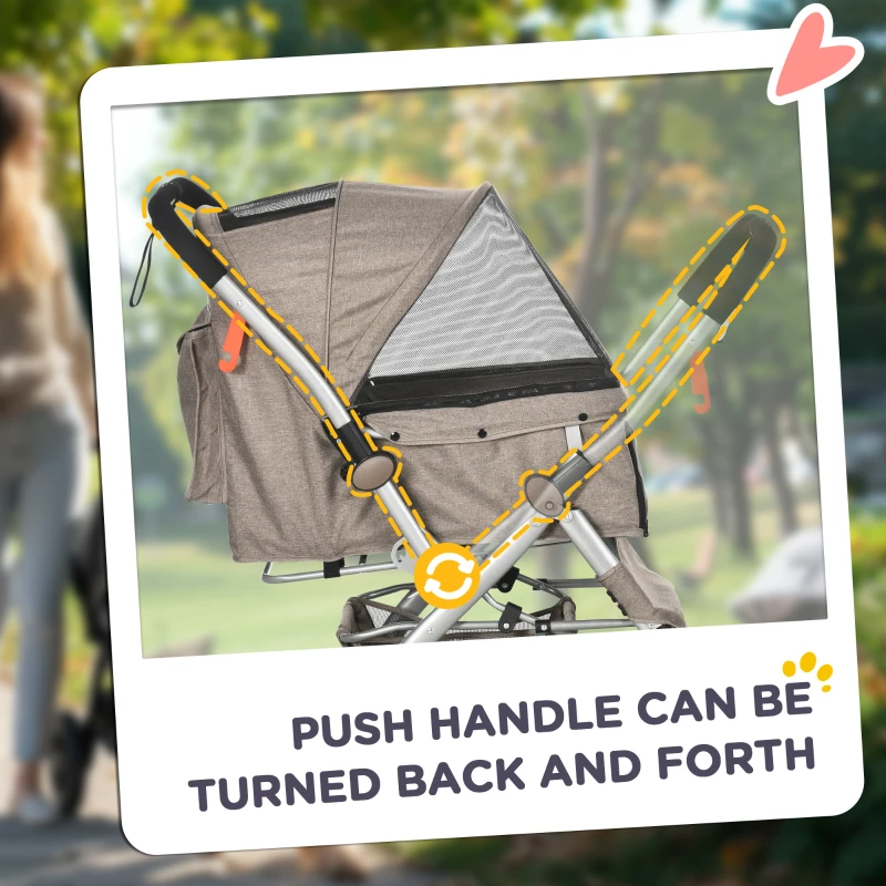 PawHut 4 Wheels Pet Stroller w/ Reversible Handle, Foldable Dog Cat Travel Carriage w/ EVA Wheels Basket Storage Bag 3-stage Canopy Brown