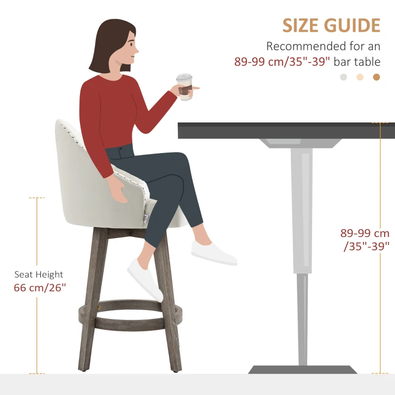 HOMCOM 26" Counter Height Bar Stools, Linen Fabric Kitchen Stools with Nailhead Trim, Rubber Wood Legs and Footrest for Dining Room, Counter, Pub, Set of 4, Cream White