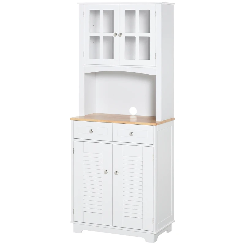 HOMCOM 67" Modern Buffet with Hutch, Louvered Kitchen Pantry Microwave Cabinet with Framed Glass Doors and 2 Drawers, White