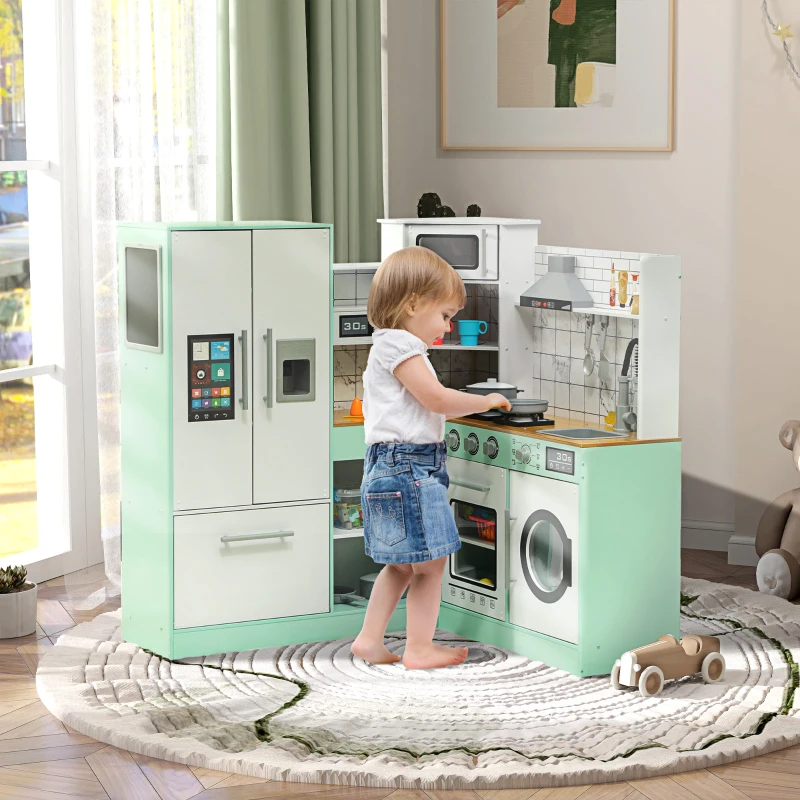 Qaba Play Kitchen, Corner Kids Kitchen Playset w/ Chalkboard, Range Hood, Ice Maker, Stove, Microwave, Sound & Lights