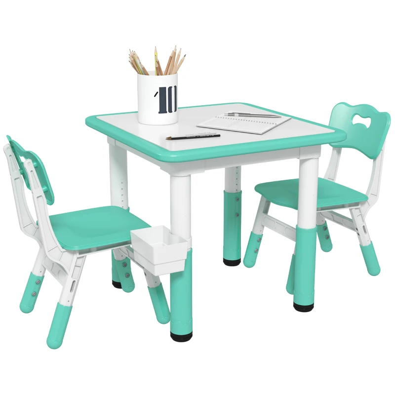 Qaba 3pc Height Adjustable Toddler Table and Chair Set with Storage, Easy to Wipe for Daycare Classroom, Green
