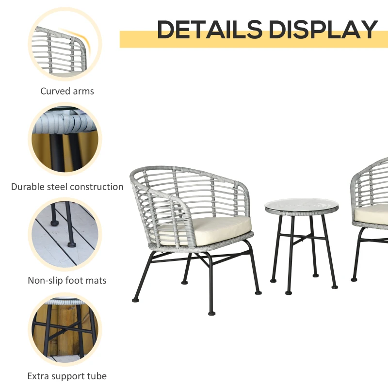 Outsunny 3 Piece Patio Bistro Set, PE Rattan with Cushioned Barrel Chairs & Glass Coffee Table, Conversation Set, Cream White