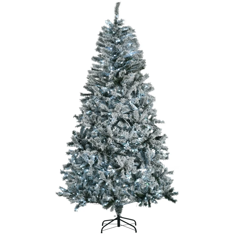 HOMCOM 7.5' Prelit Artificial Flocked Christmas Trees, with Snow Frosted Branches, Cold White LED Lights, Auto Open
