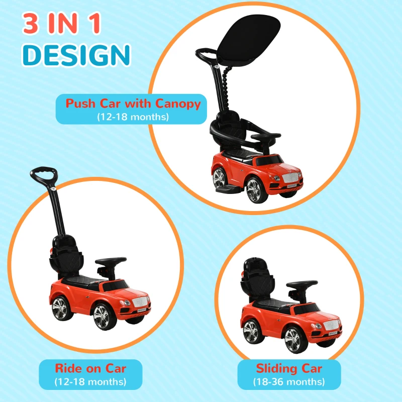 Qaba Bentley Bentayga Licensed Push Car, 3 in 1 Kids Ride on Car Foot to Floor w/ Music Horn, Red