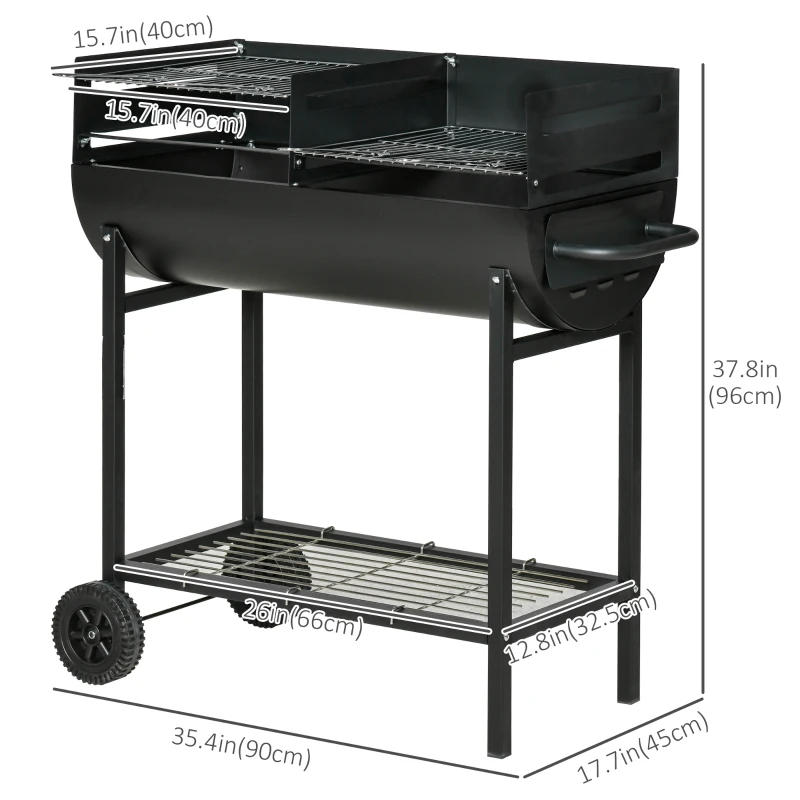 Outsunny 35.5" Portable Charcoal Grill BBQ with Dual Zone, Height Adjustable Cooking Grates, Outdoor Barbecue Trolley with Shelf, Wheels for Patio Backyard Camping Picnic, Black