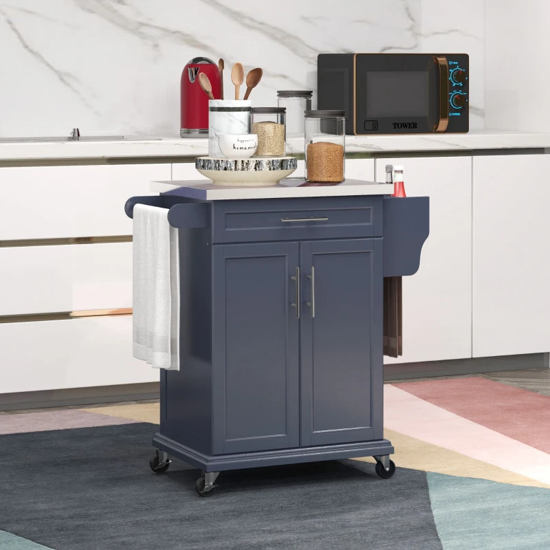 HOMCOM Kitchen Island with Wheels, Rolling Kitchen Island with Storage, Stainless Steel Countertop for Dining Room, Deep Blue