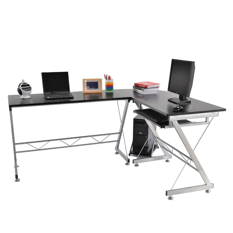 HOMCOM L-Shaped Computer Desk, Corner Table with Keyboard Tray for PC Laptop Desktop, Workstation Stand Home Office Furniture