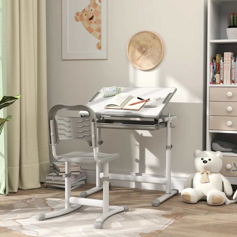 Qaba Height Adjustable Study Table and Chair Set with Drawer, Pen Slot, Tiltable Desktop, Hook, Grey