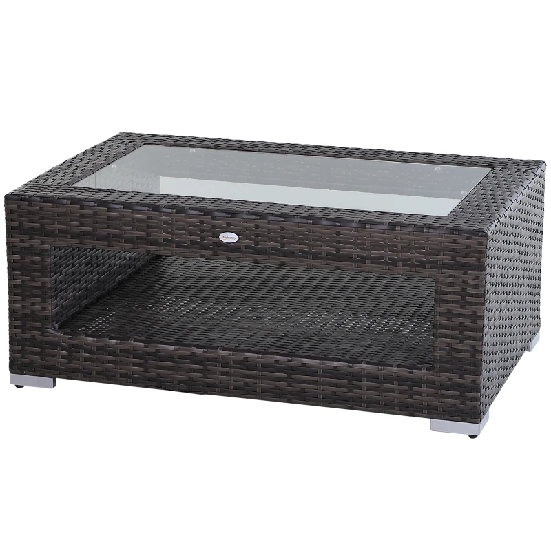 Outsunny 2-Tier Rattan Patio Coffee Table Outdoor Side Table PE Wicker Patio Garden Tea End Desk with Tempered Glass Top & Storage for Balcony, Backyard, Poolside
