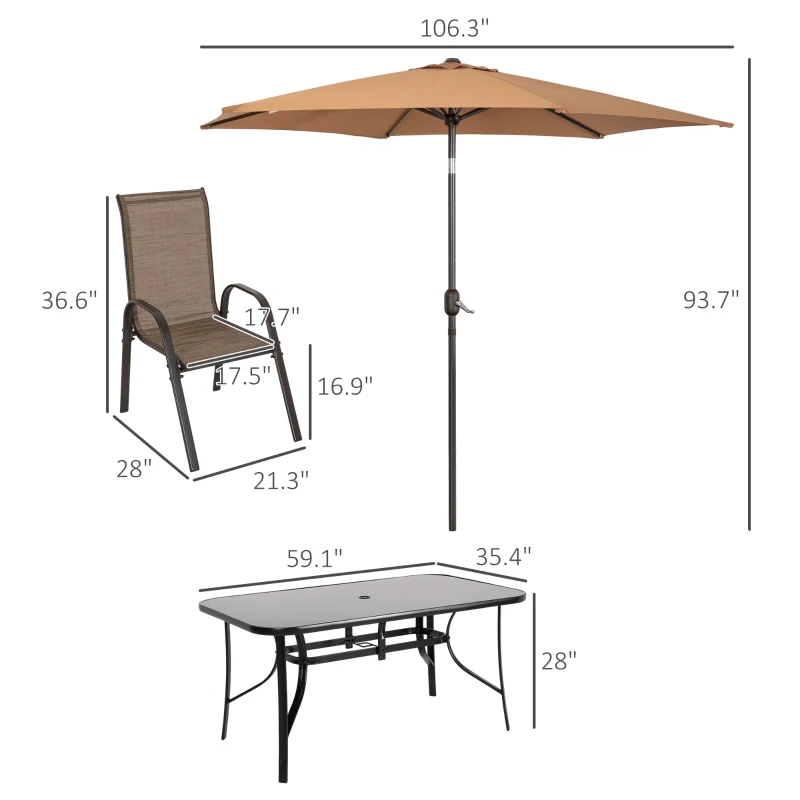 Outsunny 8 Pieces Patio Furniture Set with 9Ft Patio Umbrella, Outdoor Dining Table and Chairs, Light Mixed Brown