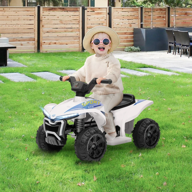 Qaba Kids ATV, 6V Battery Powered Electric Vehicle with Headlights, Music, Forward/Reverse Switch for 18-36 Months, White