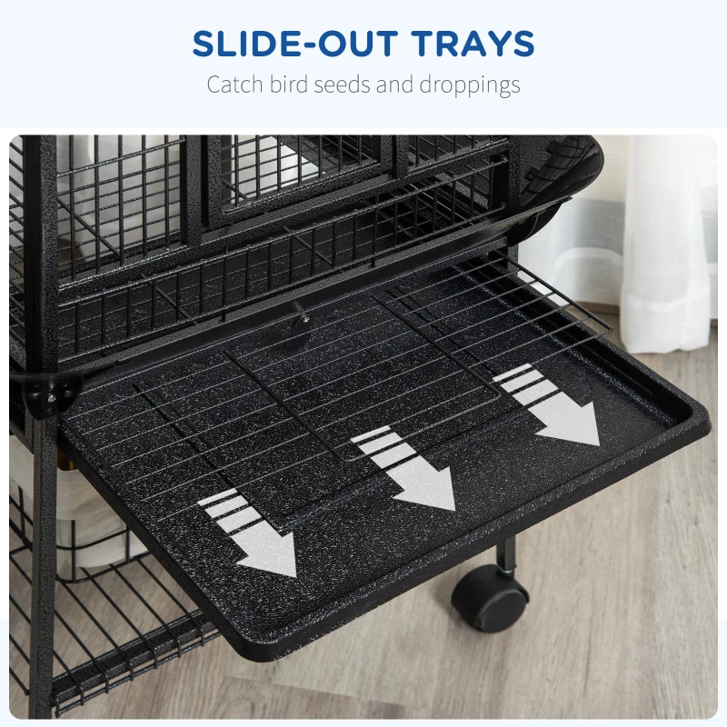 PawHut 61.5 Inch Bird Cage Parakeet House for Cockatiel with Stand, Pull Out Tray, Play Top, Storage Shelf, Wood Perch, Food Container