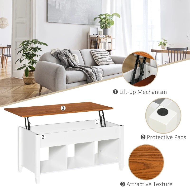 HOMCOM Lift Top Coffee Table, Modern Center Table with Storage Shelves and Hidden Compartment for Living Room, 41" L